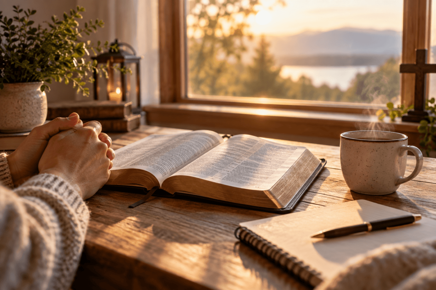 Open Bible and praying hands during morning fellowship with God