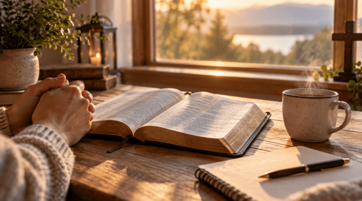 Open Bible and praying hands during morning fellowship with God