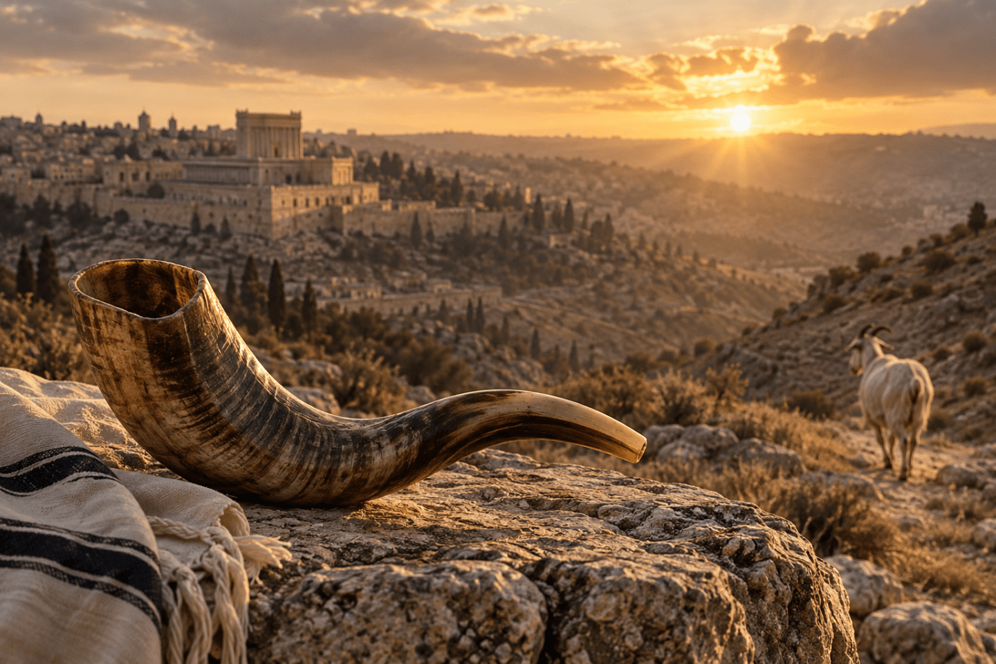 Shofar overlooking Jerusalem at sunrise, illustrating Yom Kippur in the Bible