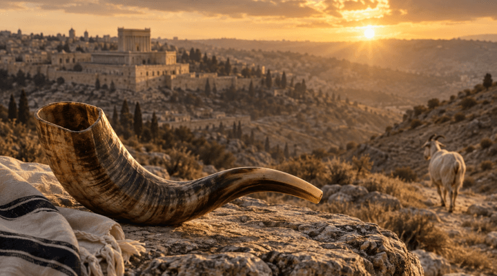 Shofar overlooking Jerusalem at sunrise, illustrating Yom Kippur in the Bible