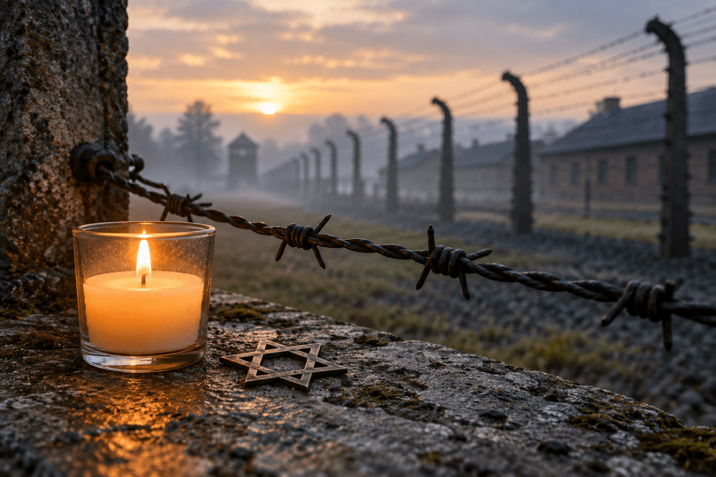 Memorial candle and Star of David beside barbed wire, illustrating remembrance and responding to Holocaust distortion.