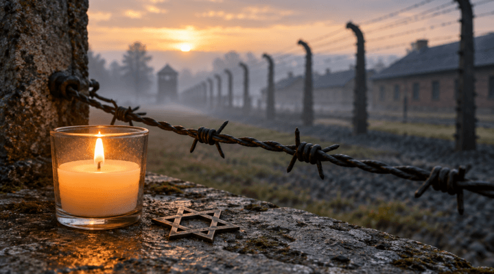 Memorial candle and Star of David beside barbed wire, illustrating remembrance and responding to Holocaust distortion.