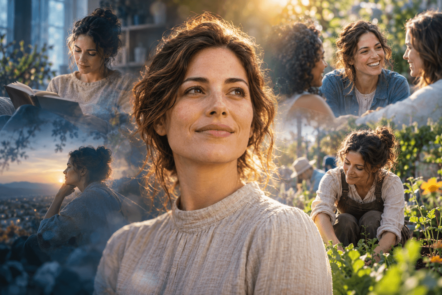Portrait of a woman surrounded by scenes of reading, friendship, and gardening, reflecting her dignity as a whole person.