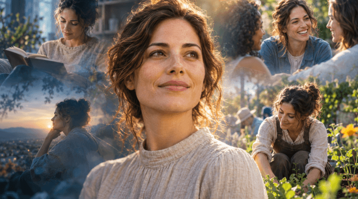 Portrait of a woman surrounded by scenes of reading, friendship, and gardening, reflecting her dignity as a whole person.