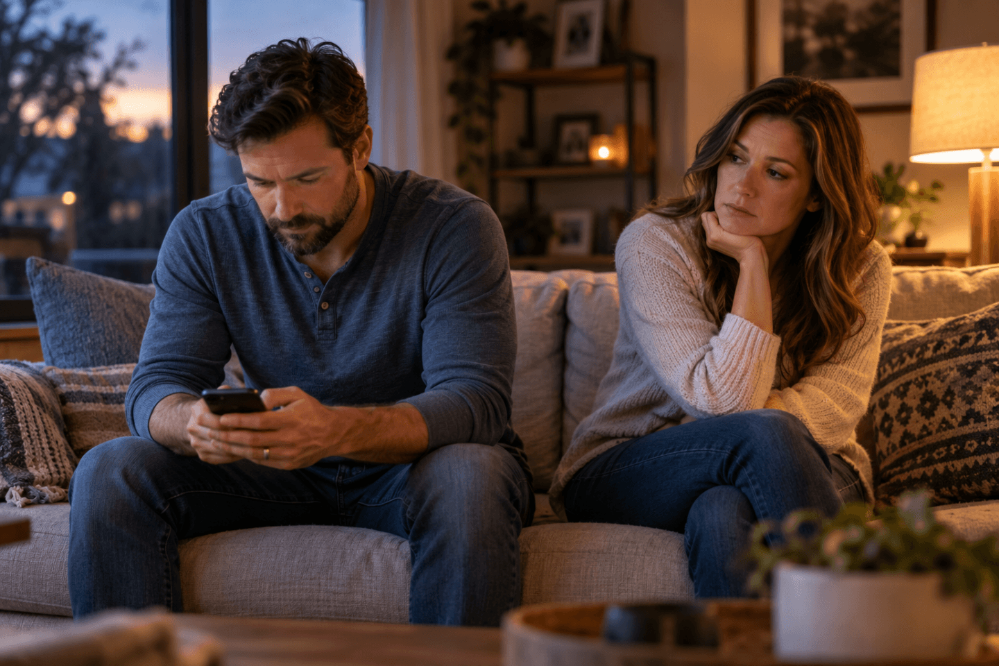 A wife looks toward her husband as he focuses on his phone, illustrating emotional distance in marriage.