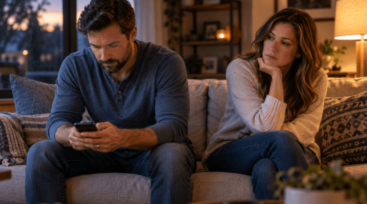 A wife looks toward her husband as he focuses on his phone, illustrating emotional distance in marriage.