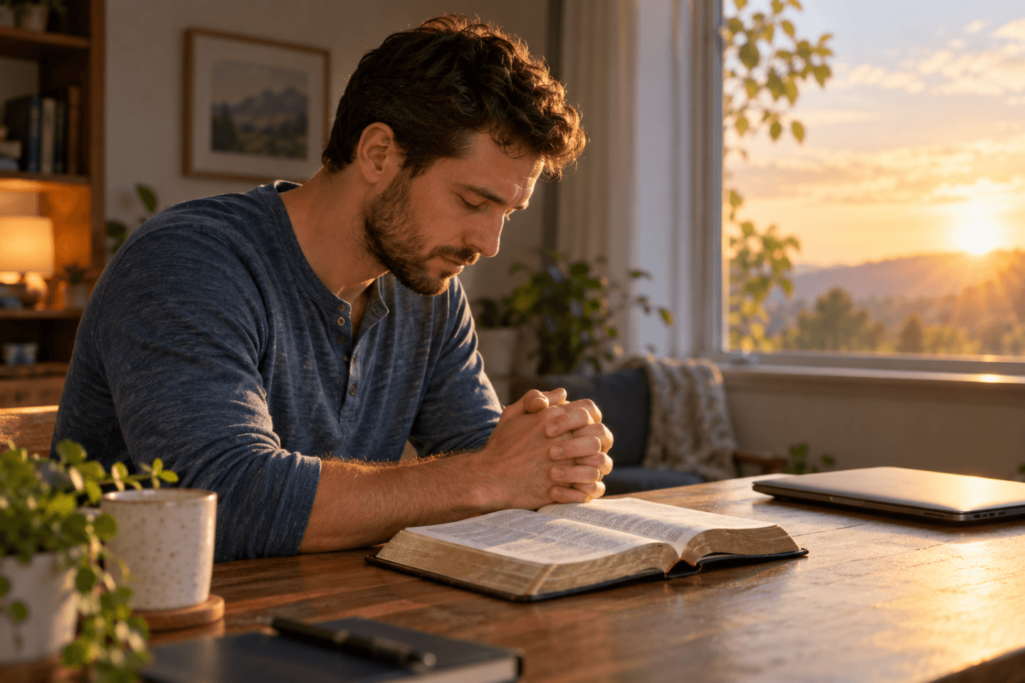 Man praying beside an open Bible, with a closed laptop nearby
