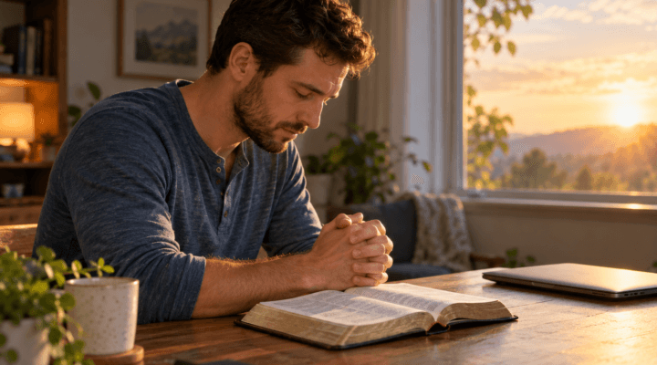 Man praying beside an open Bible, with a closed laptop nearby