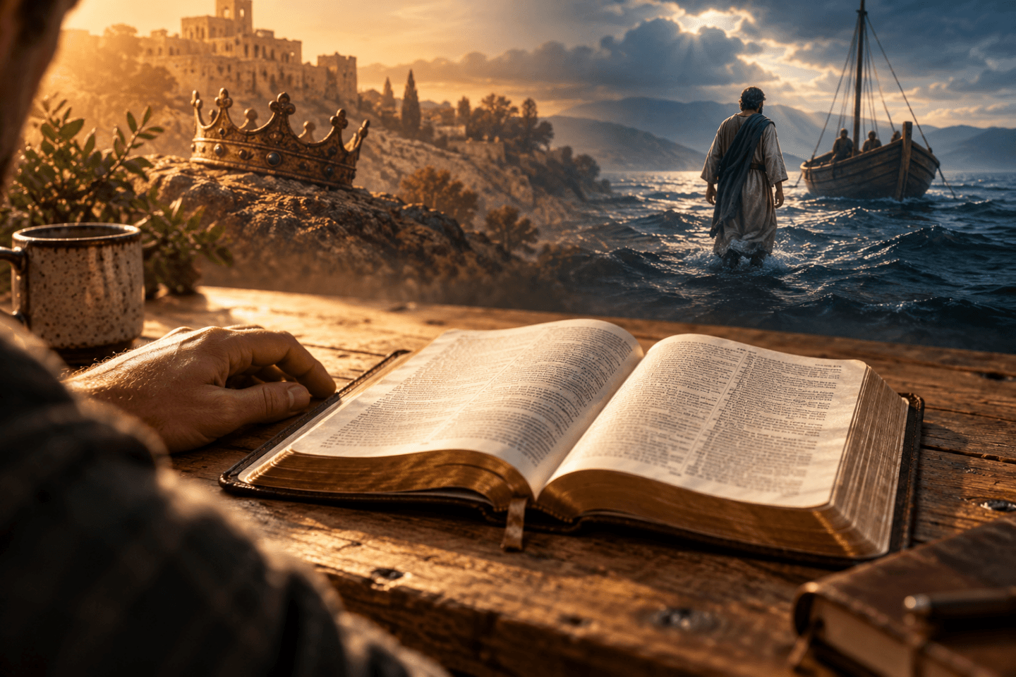 Open Bible with scenes evoking David’s crown and Peter walking on water, illustrating descriptive vs prescriptive Bible passages.