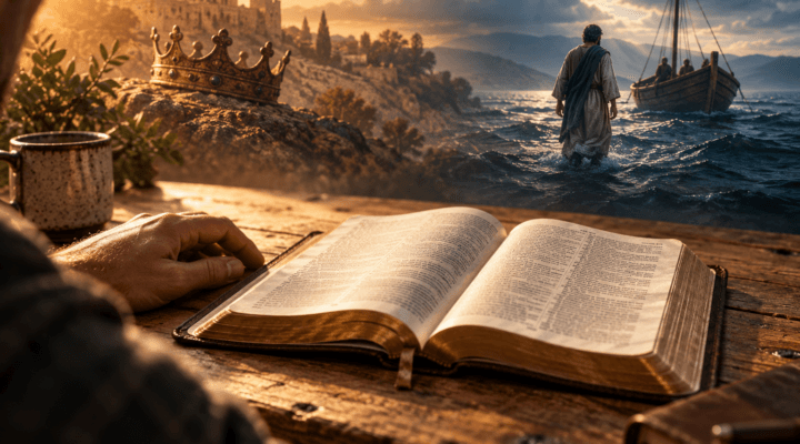 Open Bible with scenes evoking David’s crown and Peter walking on water, illustrating descriptive vs prescriptive Bible passages.