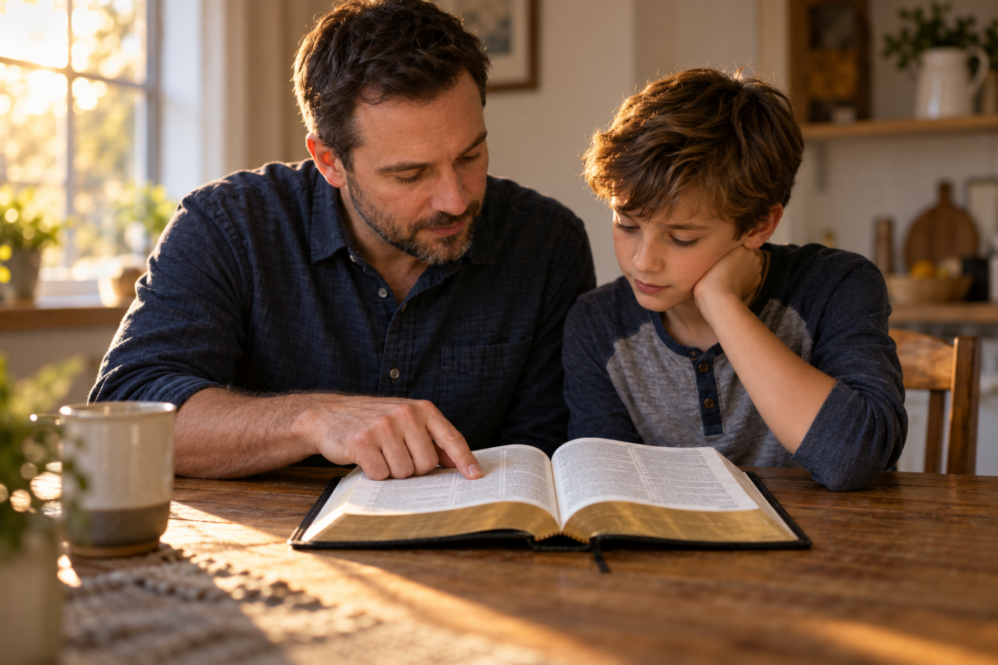 Father explaining a Bible passage to his son at a wooden table in warm natural light.
