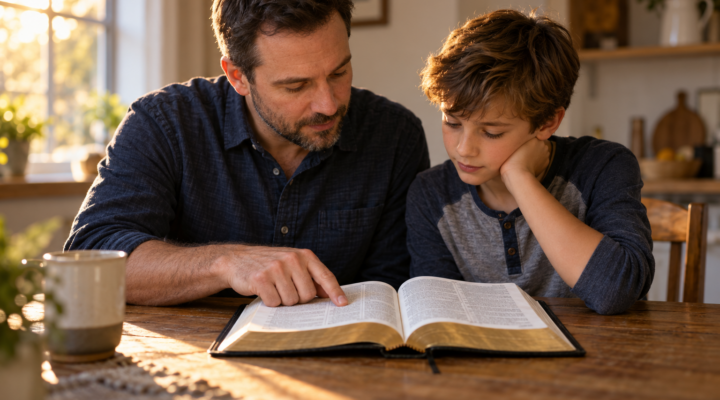 Father explaining a Bible passage to his son at a wooden table in warm natural light.