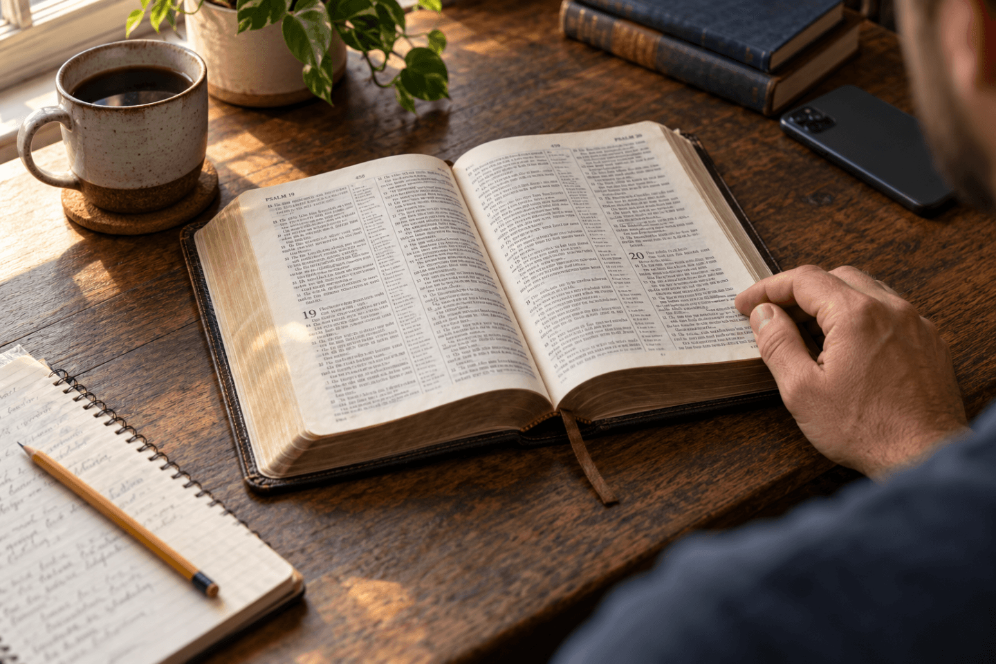 exegesis vs eisegesis man studying an open Bible beside a notebook, illustrating careful Scripture reading for an article