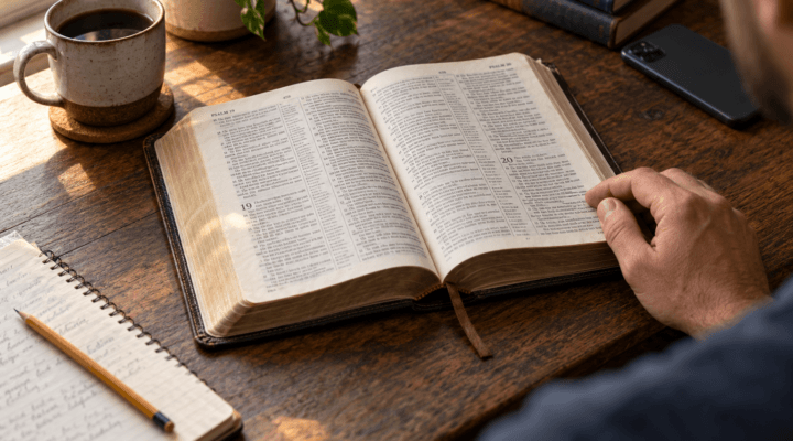 exegesis vs eisegesis man studying an open Bible beside a notebook, illustrating careful Scripture reading for an article