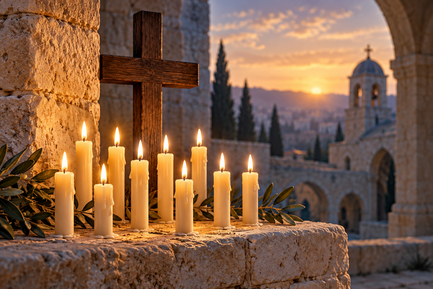 Nine lit candles beside a wooden cross, illustrating a call to pray for persecuted Christians.