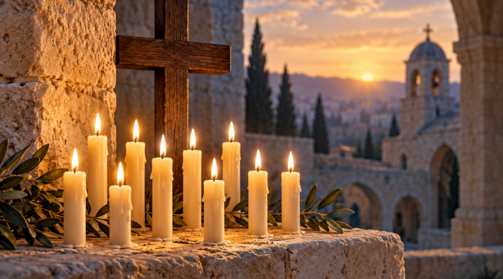 Nine lit candles beside a wooden cross, illustrating a call to pray for persecuted Christians.