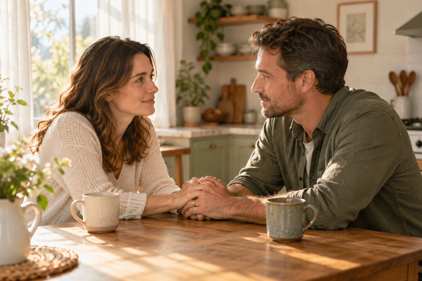 Husband and wife holding hands at a kitchen table, illustrating emotional intimacy in marriage.